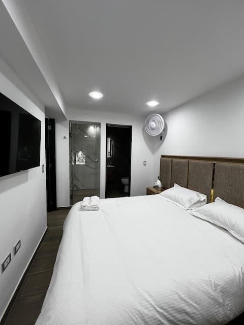 Habitación principal moderna de loft Suite 505 Estocolmo en Armenia con cama doble y baño