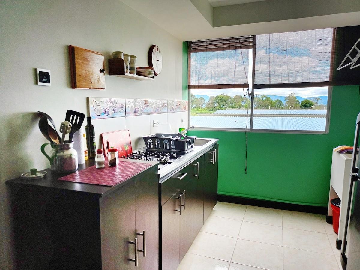 Cocina moderna equipada con muebles verdes y electrodomésticos en ApartHotel Nathalie Montenegro Quindío