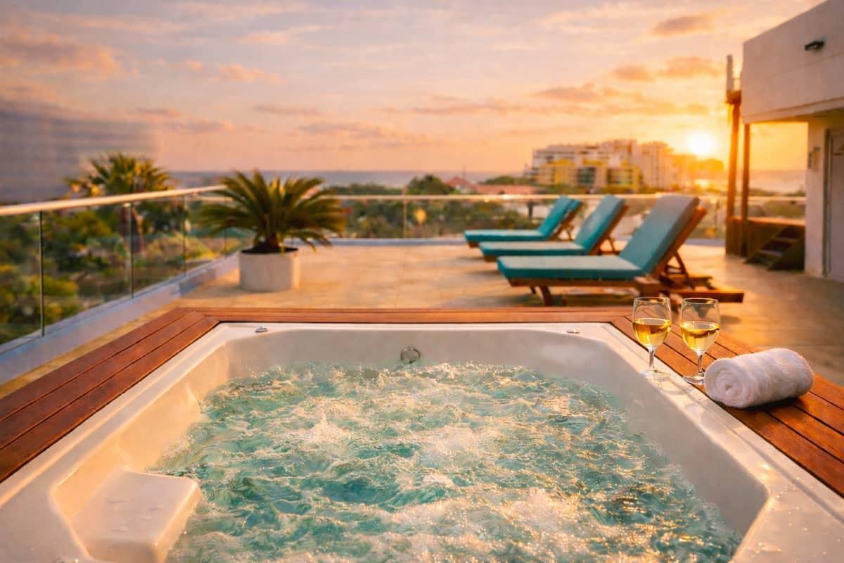 Jacuzzi privado en terraza con vista al mar al atardecer, apartamento nuevo en Cartagena