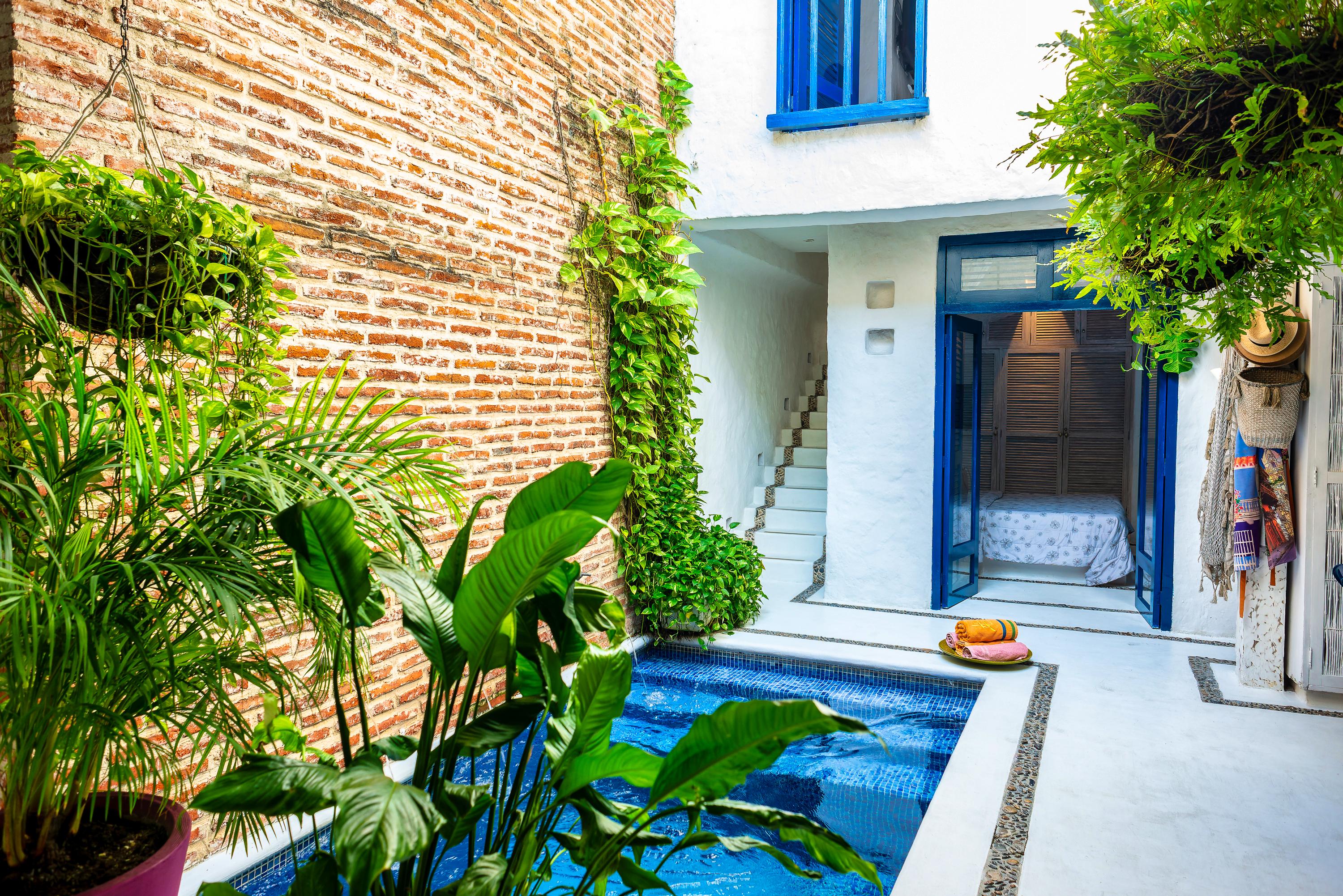 Patio privado con piscina y plantas tropicales en casa de alquiler vacacional Cartagena de Indias
